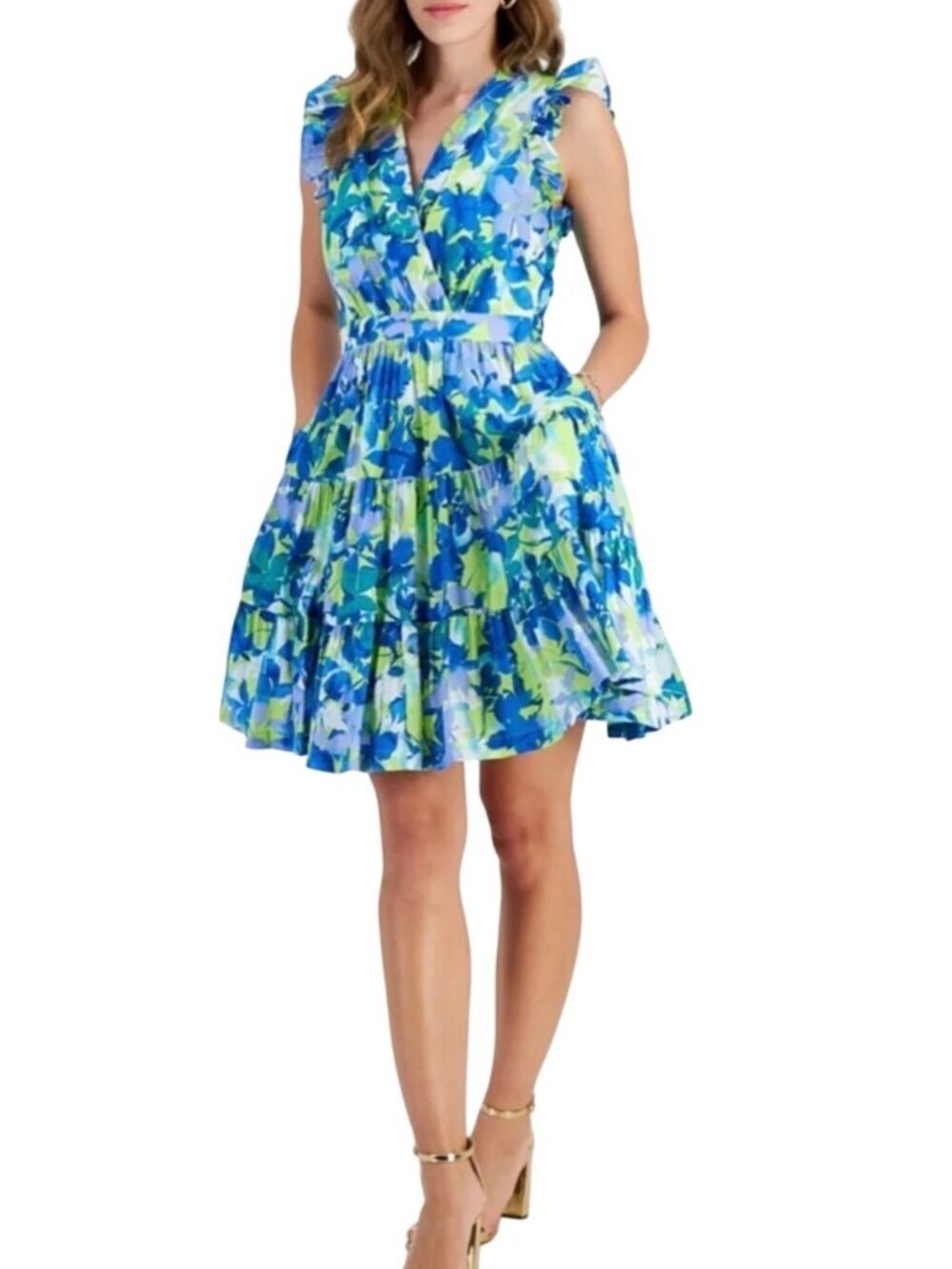 TAYLOR Womens Tiered Floral Mini Dress~Size 16~Blue Green Cocktail NWT L13 25